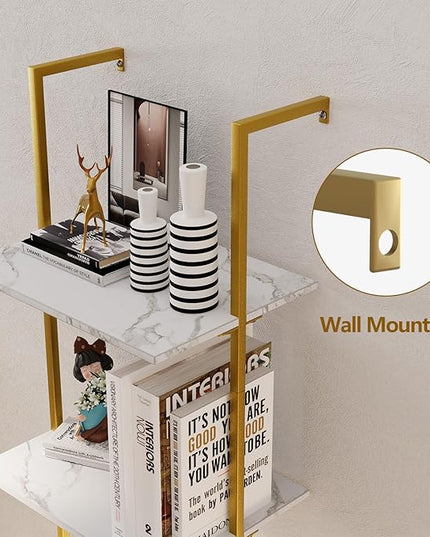 Ladder Shelf 4 Tiers Metal Industrial Bookshelf,White Marble Wood Tall Open Storage Rack and Display Shelves,Wall Mount Wide Book Case for Home Office Bedroom,Small - LeafyLoom