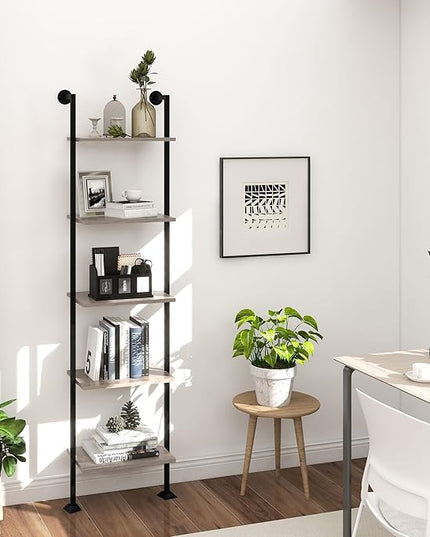 Axeman 5-Tier Ladder Shelf, Tall Narrow Bookcase for Small Spaces, Book Storage Organizer Case Open Shelves for Living Room, Home Office, Study, Industrial Style Black Metal Frame and Gray Shelf - LeafyLoom
