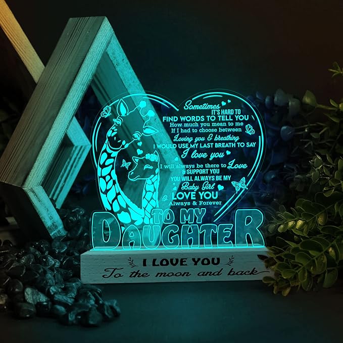 ARTSYWIX Daughter 3D Illusion Lamp with Wooden Base USB Powered Acrylic Night Light, Daughter Gifts from Mom, to My Daughter Lamp, Gift for Girls Women, Gifts for Birthday Graduation Keepsake - LeafyLoom