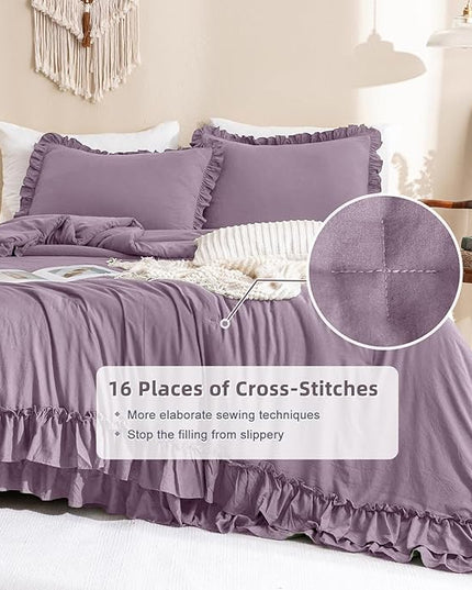 Ruffle Comforter Queen Size,Farmhouse Shabby Boho Chic Queen Bedding Comforter Set,3pcs Ultra Soft Fluffy Grayish Purple Comforter Sets for Queen Bed with 2 Ruffled Pillowcases - LeafyLoom