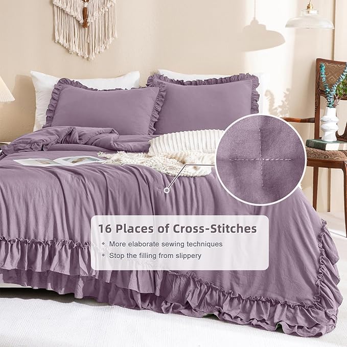 Ruffle Comforter Queen Size,Farmhouse Shabby Boho Chic Queen Bedding Comforter Set,3pcs Ultra Soft Fluffy Grayish Purple Comforter Sets for Queen Bed with 2 Ruffled Pillowcases - LeafyLoom