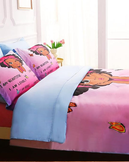 7 Piece Black Girls Magic Comforter Set Twin Size African American Girl Bedding Sets Bed in A Bag for Kids Teens Inspirational Quotes Pink Blue Quilt Room Decor - LeafyLoom