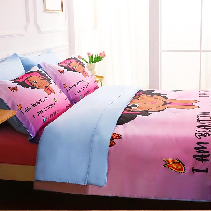 7 Piece Black Girls Magic Comforter Sets Full Size African American Girl Bedding Set Bed in A Bag for Girls Kids Teens Inspirational Quotes Pink Blue Quilts Room Decor - LeafyLoom