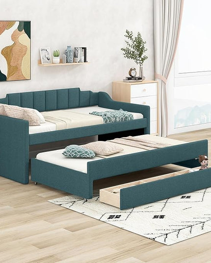 Merax Twin Size Upholstered Daybed with Trundle and Three Storage Drawers, Comfy Sofa-Bed & Padded Backrest for Living Room, Guest Room, Apartments, Both Side Armrests, Solid Wood Slats Support, Green - LeafyLoom