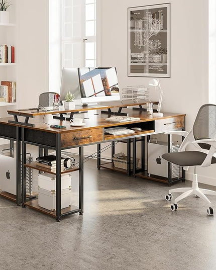 ODK Computer Desk with Drawers & Power Outlet, 63 Inch Office Desk with Keyboard Tray & Storage Shelves & PC Stand, Large Office Table Work Desk with Monitor Stand, Rustic Brown - LeafyLoom