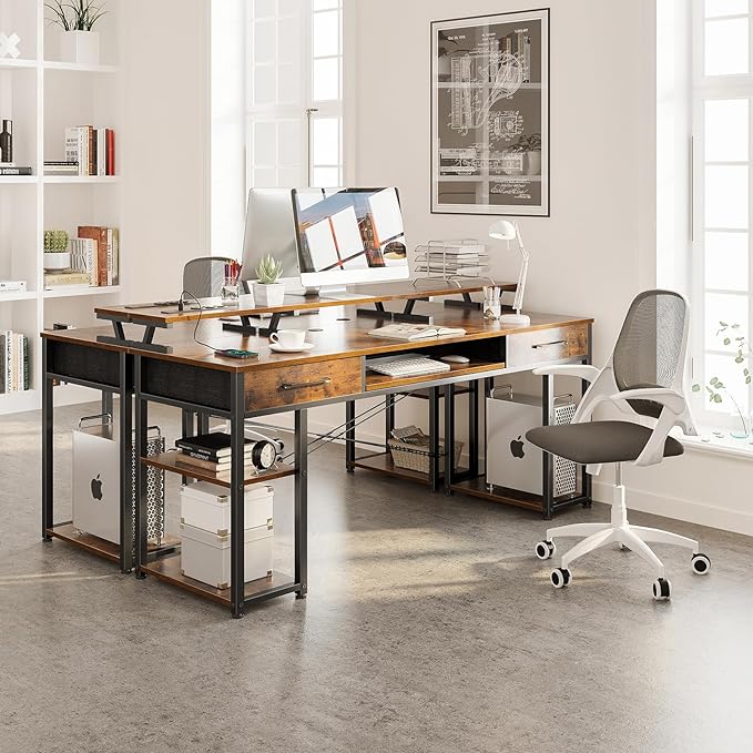 ODK Computer Desk with Drawers & Power Outlet, 63 Inch Office Desk with Keyboard Tray & Storage Shelves & PC Stand, Large Office Table Work Desk with Monitor Stand, Rustic Brown - LeafyLoom