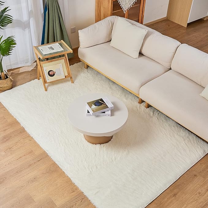 YOBATH Fluffy Shag Area Rug, Rugs for Bedroom 4x6 Feet, Plush Shaggy Rug for Living Room, Indoor Modern Bedside Rug for Kids Girls Boys Room, Shag Carpet for Dorm Nursery Room, Cream White - LeafyLoom