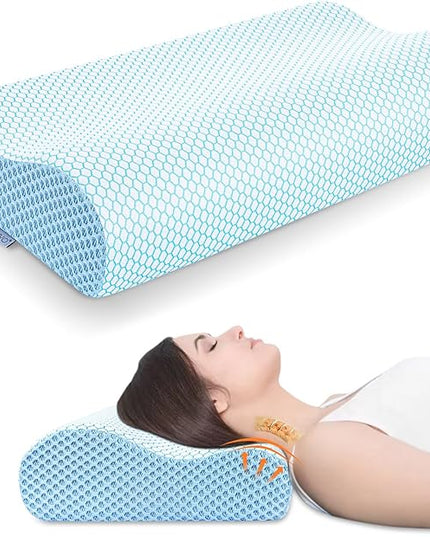 Anvo Memory Foam Pillow, Neck Contour Cervical Orthopedic Pillow for Sleeping Side Back Stomach Sleeper, Ergonomic Bed Pillow for Neck Pain - Blue White, Soft - LeafyLoom