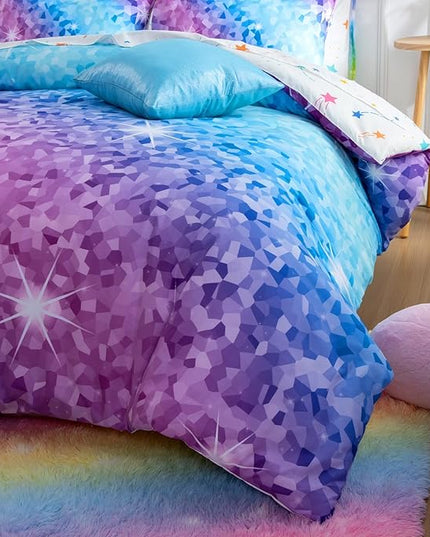 A Nice Night 6Pcs Gradient Abstract Art Grid Mosaic Geometric Bedding Set for Girls, Colorful Rainbow Galaxy Comforter Set, Ultra Soft Bedding Sets (PinkBlue,Full 6Pcs) - LeafyLoom