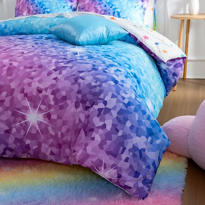 A Nice Night 6Pcs Gradient Abstract Art Grid Mosaic Geometric Bedding Set for Girls, Colorful Rainbow Galaxy Comforter Set, Ultra Soft Bedding Sets (PinkBlue,Twin 6Pcs) - LeafyLoom