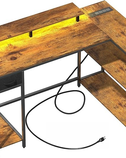 L Shaped Computer Desk with LED Light and Power Outlet, 47" Reversible L Shaped Desk with Monitor Stands and Drawers, Gaming Desk with Shelves and 2 Hooks for Home Office Bedroom - LeafyLoom