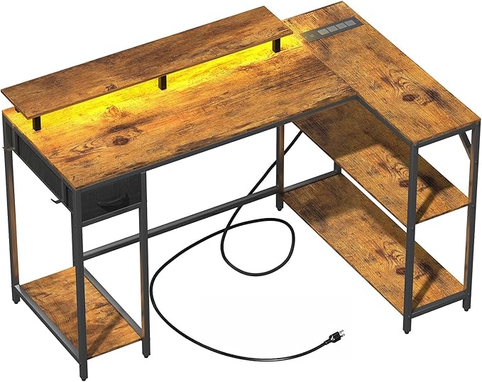 L Shaped Computer Desk with LED Light and Power Outlet, 47" Reversible L Shaped Desk with Monitor Stands and Drawers, Gaming Desk with Shelves and 2 Hooks for Home Office Bedroom - LeafyLoom