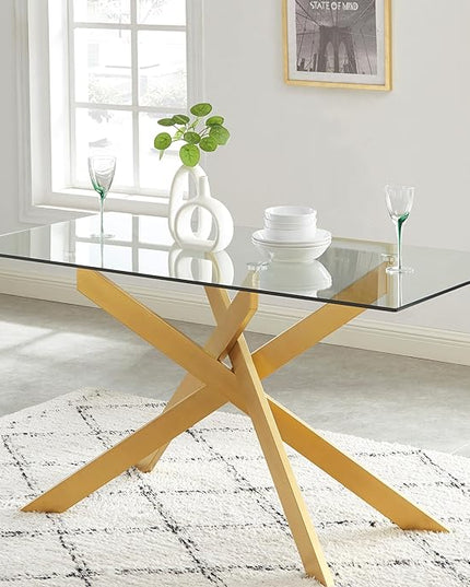 Edwin's Choice 58.5” Rectangle Glass Dining Table, Tempered Glass Table Top and Metal Tubular Legs, Modern Style Table for Home, Kitchen, Dining room 58.5”Lx29”Wx30”H, Gold (Table Only) - LeafyLoom