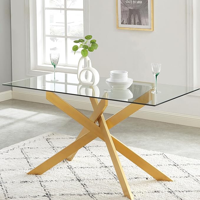 Edwin's Choice 58.5” Rectangle Glass Dining Table, Tempered Glass Table Top and Metal Tubular Legs, Modern Style Table for Home, Kitchen, Dining room 58.5”Lx29”Wx30”H, Gold (Table Only) - LeafyLoom