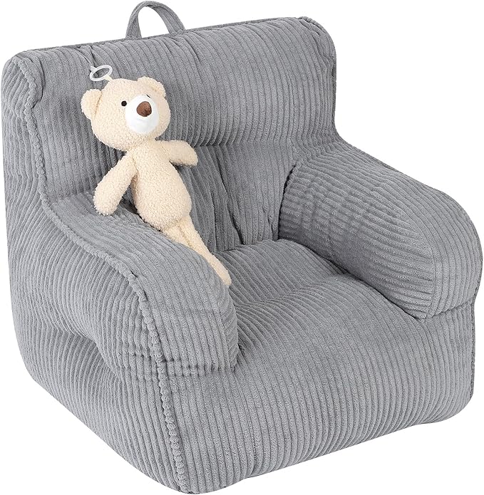 Kids Bean Bag Chair with a Plush Bear, Comfy Toddler Chair for Boys and Girls, Grey - LeafyLoom