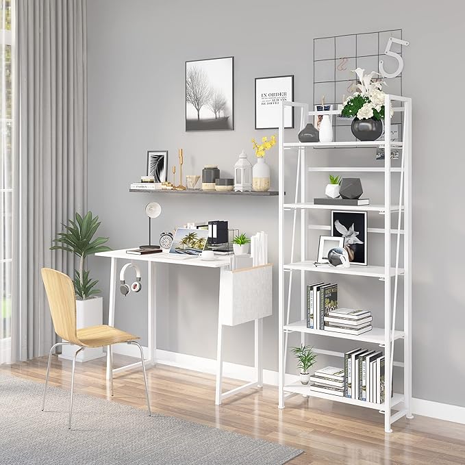 No-Assembly Folding Bookshelf Storage Shelves 5 Tiers Vintage Multifunctional Plant Flower Stand Storage Rack Shelves Bookcase for Home Office(All White) - LeafyLoom