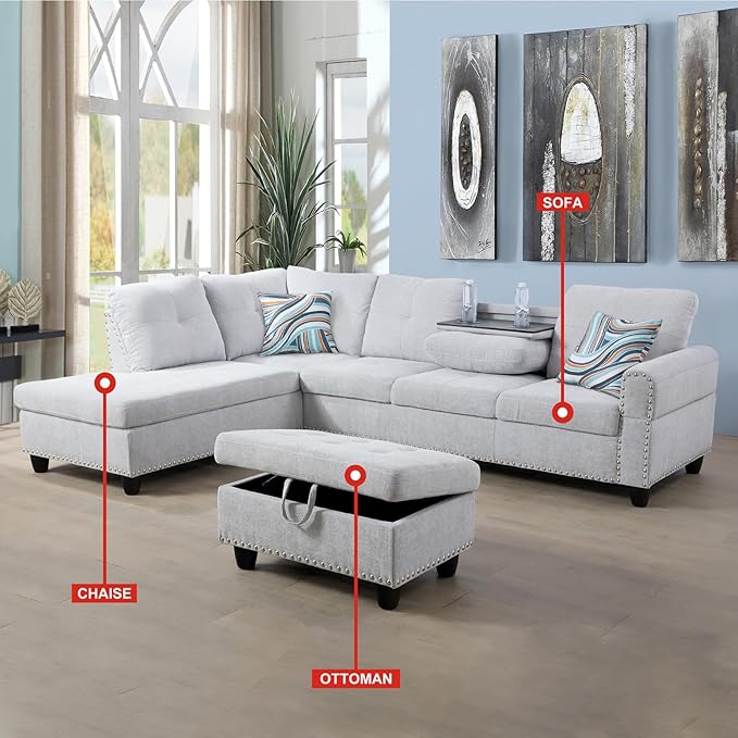 ROOMTEC L Shaped Sectional Sofa Set with Storage Ottoman, Left Facing Chaise Longue, Reversible Backrest w/ 2 Cup Holders, Flannel Tufted Cushions, for Living Room, Apartment, Grey White - LeafyLoom