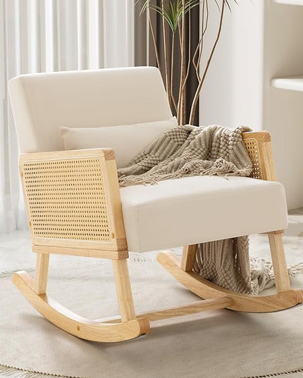 YESHOMY Mid-Century Accent Rocking Chair with Pillow Upholstered with Solid Frame & Breathable Armrest for Living Room, White - LeafyLoom