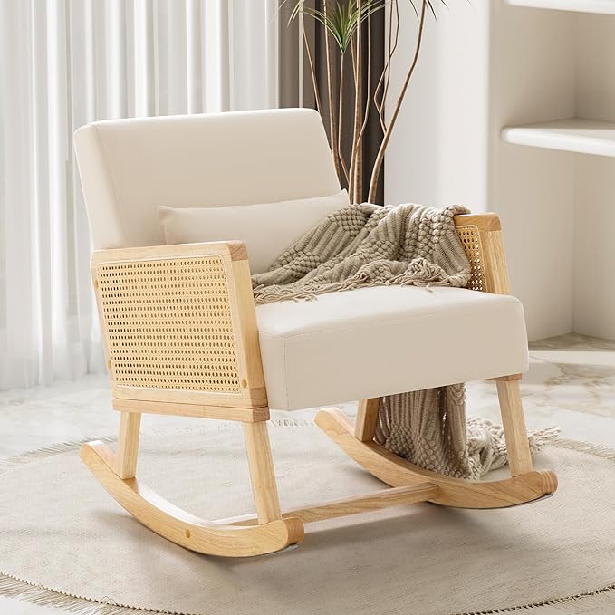 YESHOMY Mid-Century Accent Rocking Chair with Pillow Upholstered with Solid Frame & Breathable Armrest for Living Room, White - LeafyLoom