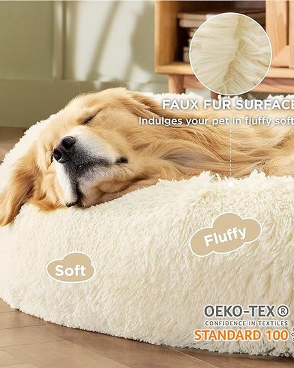 Bedsure Calming Dog Bed for Extra Large Dogs - Donut Washable Large Pet Bed, Anti-Slip Round Fluffy Plush Faux Fur Dog Bed, Fits up to 125 lbs Pets, Oat Milk, 45 inches BEDSURE