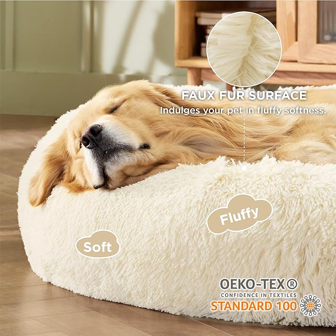 Bedsure Calming Dog Bed for Extra Large Dogs - Donut Washable Large Pet Bed, Anti-Slip Round Fluffy Plush Faux Fur Dog Bed, Fits up to 125 lbs Pets, Oat Milk, 45 inches BEDSURE