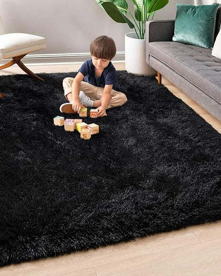 Super Soft Fluffy Shaggy Rugs 4x5.9 Feet for Living Room Bedroom, Fuzzy Plush Area Rugs for Girls Kids Room Nursery Home Decor, Furry Dorm Cute Non-Slip Indoor Floor Carpet, Black - LeafyLoom