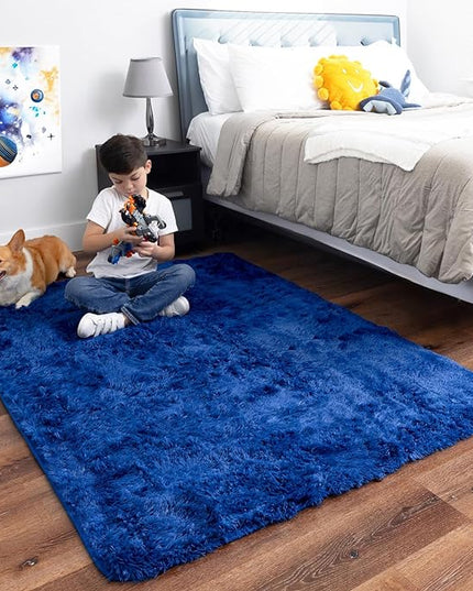 Ophanie Machine Washable Upgrade 4x6 Blue Rugs for bedroom, Dark Blue Fluffy Shaggy Soft carpet, Navy Indoor Floor Carpet for Kids Baby Boys Teen Dorm Room, Nursery,Home Decor Aesthetic - LeafyLoom