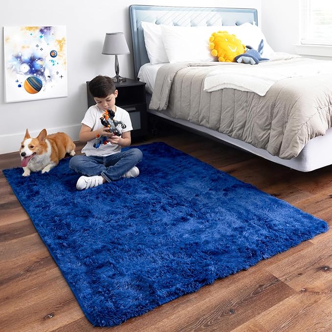 Ophanie Machine Washable Upgrade 4x6 Blue Rugs for bedroom, Dark Blue Fluffy Shaggy Soft carpet, Navy Indoor Floor Carpet for Kids Baby Boys Teen Dorm Room, Nursery,Home Decor Aesthetic - LeafyLoom