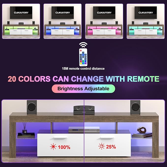 Clikuutory Modern LED TV Stand with Large Storage Drawer for up to 75 Inch TVs, Brown and White Doors, Wood Farmhouse TV Console with Glossy Entertainment Center for Living Room, Bedroom - LeafyLoom