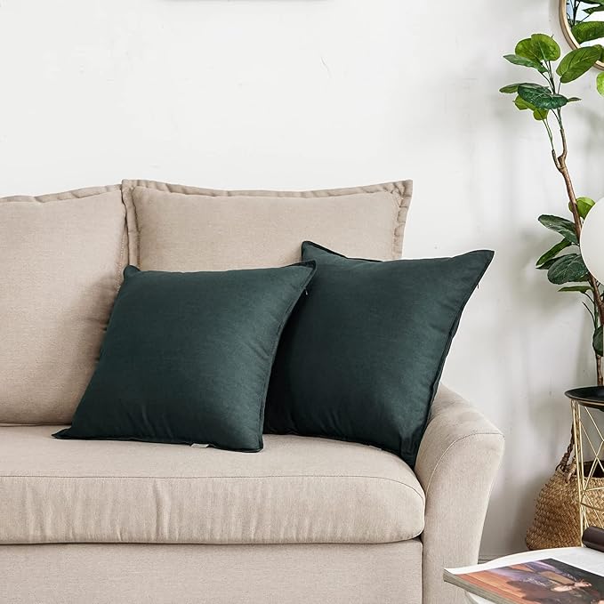 Jeanerlor Pack of 2 24 x 24 Inch Cotton Linen Soft Soild Decorative Square Throw Pillow Covers Green Cushion Case Set for Bedroom/Sofa/Car 60 x 60 cm, Dark Green - LeafyLoom