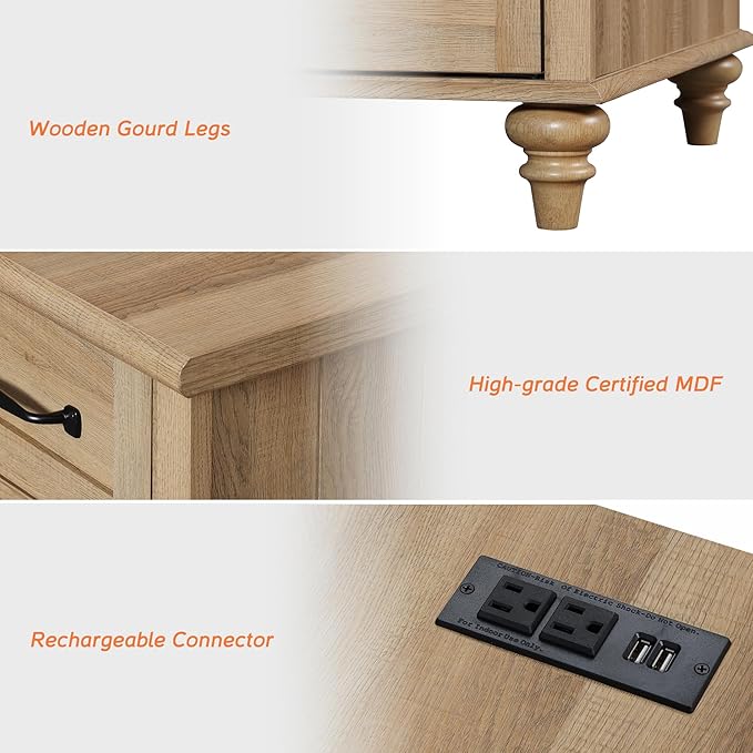 WAMPAT 2 Pack End Table with Charging Station, Wood Side Table with Drawer and Storage Cabinet, Modern End Table with Power outlets USB Ports for Living Room Bedroom, Oak - LeafyLoom
