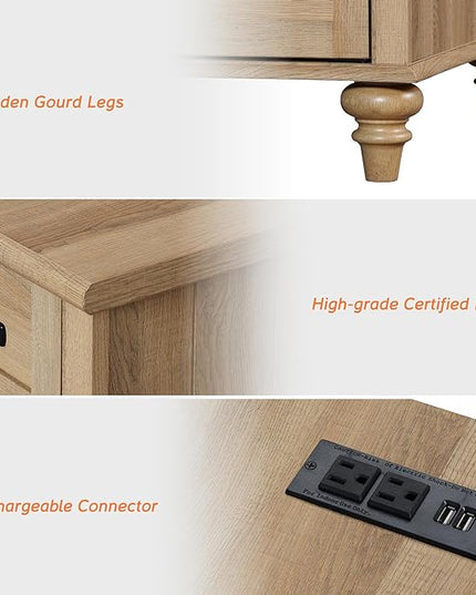 WAMPAT End Table with Charging Station, Wood Side Table with Drawer and Storage Cabinet, Modern End Table with Power outlets USB Ports for Living Room Bedroom, Oak - LeafyLoom