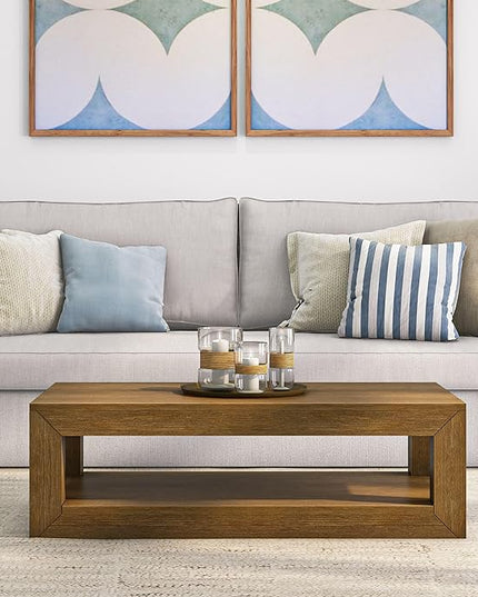 Plank+Beam Modern Rectangular Coffee Table with Shelf, Solid Wood, 48 Inch, Center Table with Storage, 2 Tier Tea Table for Living Room, Pecan Wirebrush - LeafyLoom