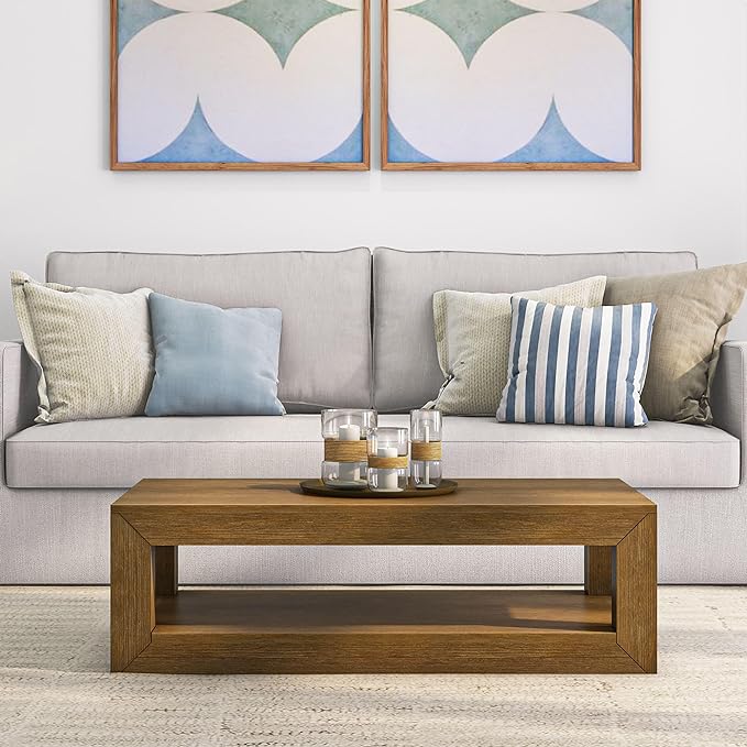 Plank+Beam Modern Rectangular Coffee Table with Shelf, Solid Wood, 48 Inch, Center Table with Storage, 2 Tier Tea Table for Living Room, Pecan Wirebrush - LeafyLoom