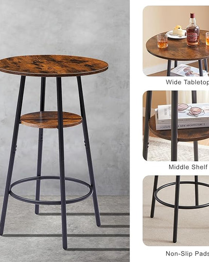 3 Pieces Bistro Table and Chairs Set, Industrial Counter Height Round Bar Table with Storage Shelf, 2 PU Upholstered Seat Stools with Backrest & Footrest, for Kitchen, Bar, Small Space, Rustic Brown - LeafyLoom