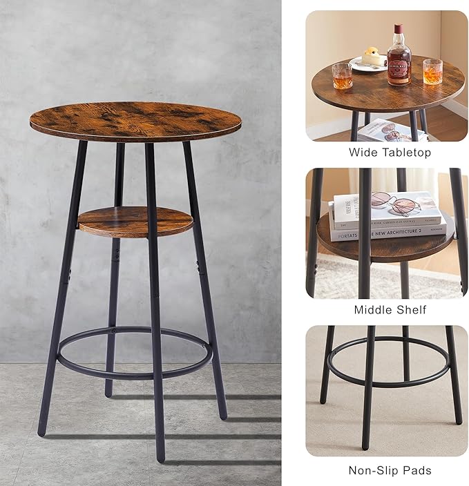 3 Pieces Bistro Table and Chairs Set, Industrial Counter Height Round Bar Table with Storage Shelf, 2 PU Upholstered Seat Stools with Backrest & Footrest, for Kitchen, Bar, Small Space, Rustic Brown - LeafyLoom
