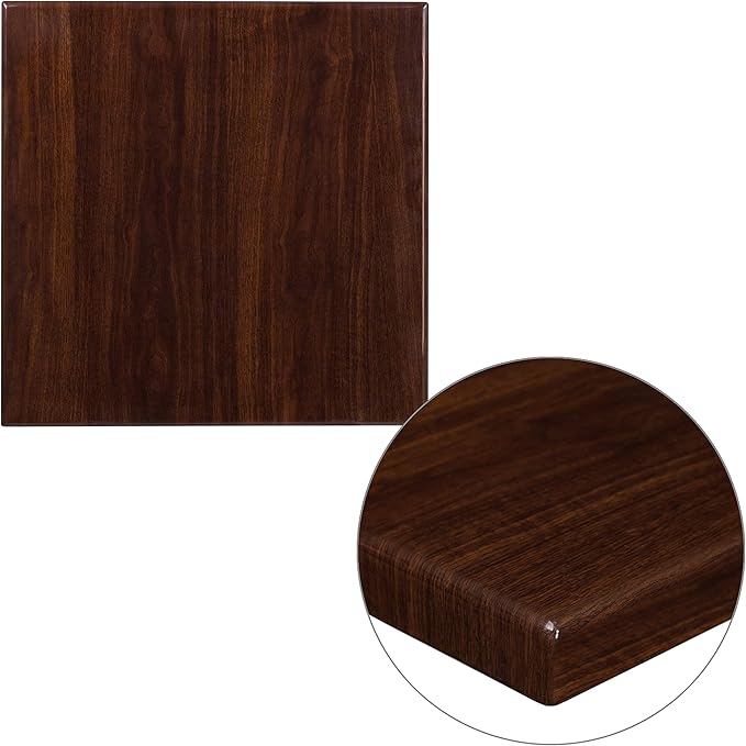 Flash Furniture Glenbrook 24'' Square High-Gloss Walnut Resin Table Top with 2'' Thick Drop-Lip - LeafyLoom