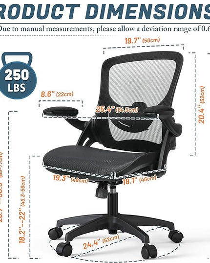 Mesh Home Office Computer Desk Chair Height Adjustable Lumbar Support with Flip Up Arms Swivel Wheels for Adult, Mid Back, black - LeafyLoom