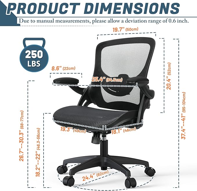Mesh Home Office Computer Desk Chair Height Adjustable Lumbar Support with Flip Up Arms Swivel Wheels for Adult, Mid Back, black - LeafyLoom