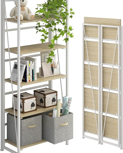 4NM No-Assembly Folding Bookshelf Storage Shelves 5 Tiers Vintage Bookcase Standing Racks Study Organizer Home Office (Natural and White) - LeafyLoom
