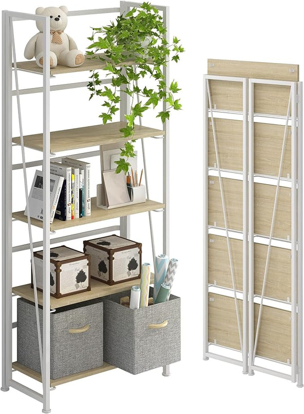 4NM No-Assembly Folding Bookshelf Storage Shelves 5 Tiers Vintage Bookcase Standing Racks Study Organizer Home Office (Natural and White) - LeafyLoom