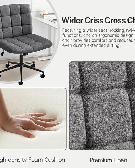 Furniliving Armless Office Desk Chair, Linen Fabric Padded Swivel Chair, Adjustable Home Office Chair with 360° Wheels, Wide Criss Cross Chair for Desk for Living Room, Bedroom, Darkgrey - LeafyLoom