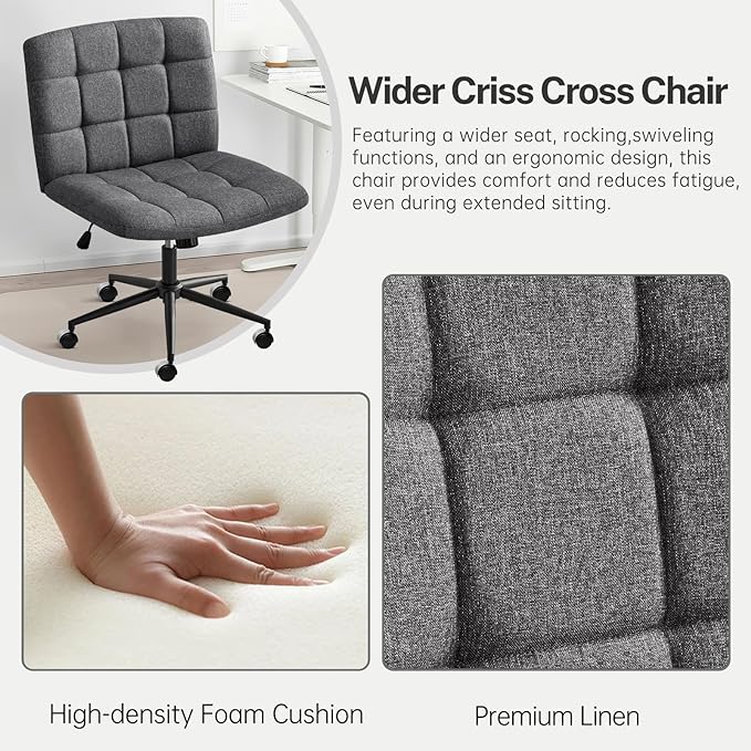 Furniliving Armless Office Desk Chair, Linen Fabric Padded Swivel Chair, Adjustable Home Office Chair with 360° Wheels, Wide Criss Cross Chair for Desk for Living Room, Bedroom, Darkgrey - LeafyLoom