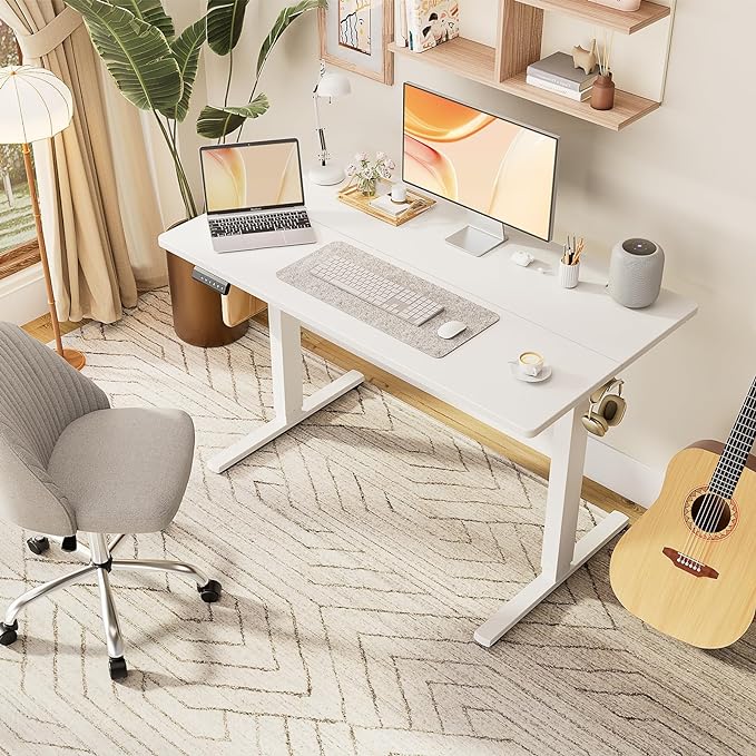 Sweetcrispy Standing Desk Adjustable Height, 48inch Electric Sit Stand up Desk for Home Office, Modern Rising Work Table for Computer Laptop, Lift Gaming Desk Sturdy Ergonomic Workstation, White - LeafyLoom