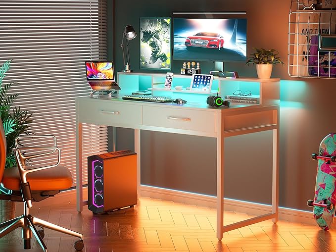 Computer Desk with Drawers, 47" Home Office Desk with Monitor Shelf, Writing Desk with Storage, Gaming Desk Work Desk Study Desk for Bedroom, White - LeafyLoom