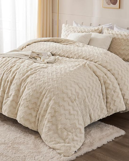 Andency Fleece Beige Comforter Set King, 3 Pieces Fuzzy Plush Faux Fur Bedding Comforter, Fluffy Shaggy Warm Sherpa Bed Set for Winter (104x90Inch Comforter) - LeafyLoom