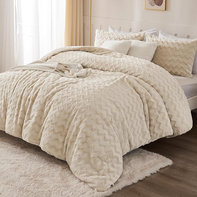 Andency Fleece Beige Comforter Set King, 3 Pieces Fuzzy Plush Faux Fur Bedding Comforter, Fluffy Shaggy Warm Sherpa Bed Set for Winter (104x90Inch Comforter) - LeafyLoom