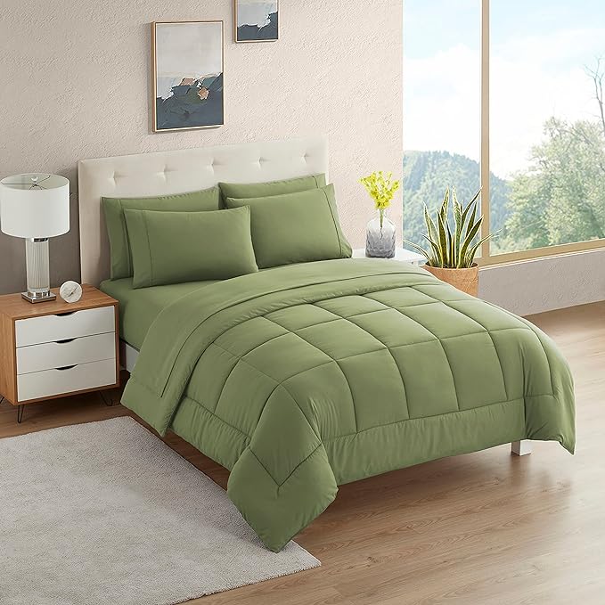Dorm Room Essentials College Bedding Comforter Set 5 Piece Twin XL Size Bed in a Bag for College Students Boys and Girls, Twin XL, Sage Green - LeafyLoom