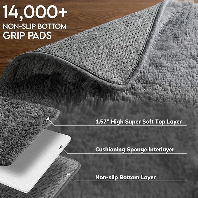 Ophanie Machine Washable Upgrade 8x10 Rugs for Living Room, Grey, Fluffy Shaggy Soft Area Rug, Gray Non-Slip Indoor Floor Carpet for Bedroom, Kids Baby Boys Teen Dorm Home Decor Aesthetic, Nursery - LeafyLoom