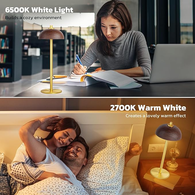 Rechargeable Cordless Table Lamp - 5000mAh Battery Powered Lamp, 3 Color Modes Stepless Dimming LED Table Light with Memory Function for Indoor, Outdoor, Dinner, Patio, Cafe.(Wood Grain) - LeafyLoom